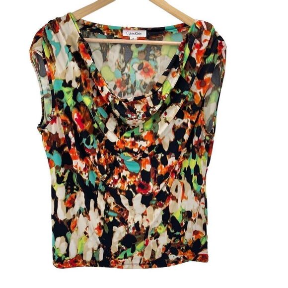 Calvin Klein Womens Blouse Top Cowl Neck Geometric Print Multicolor Medium - Picture 1 of 8